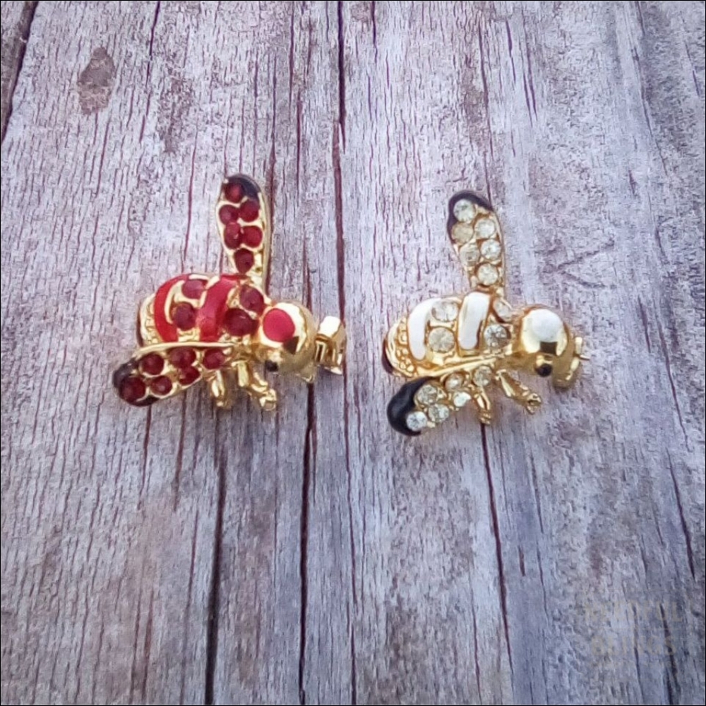 Vintage Bee Pin Set Red White Enamel Rhinestone Gold Tone Brooches
